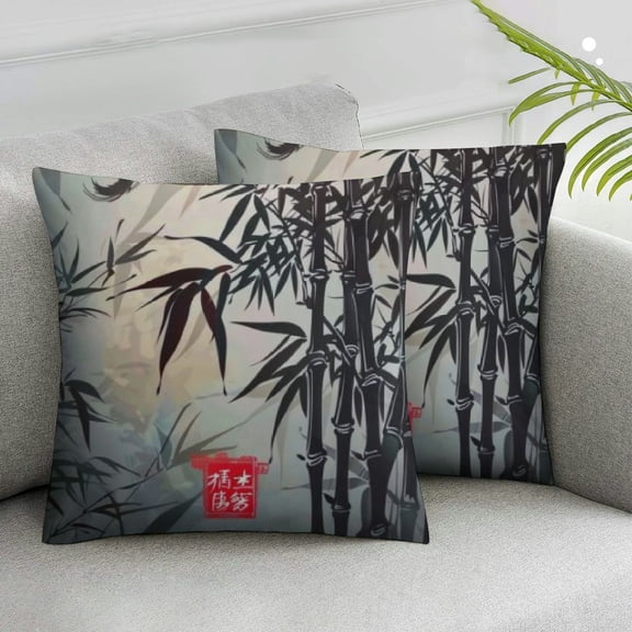 Acheng Throw Pillow Cover Japanese Painting Asian Oriental Japan Birds Bamboo Pattern Fish Ink Style Decor Lumbar Pillow Case Cushion for Sofa Couch Bed,2 Pcs White