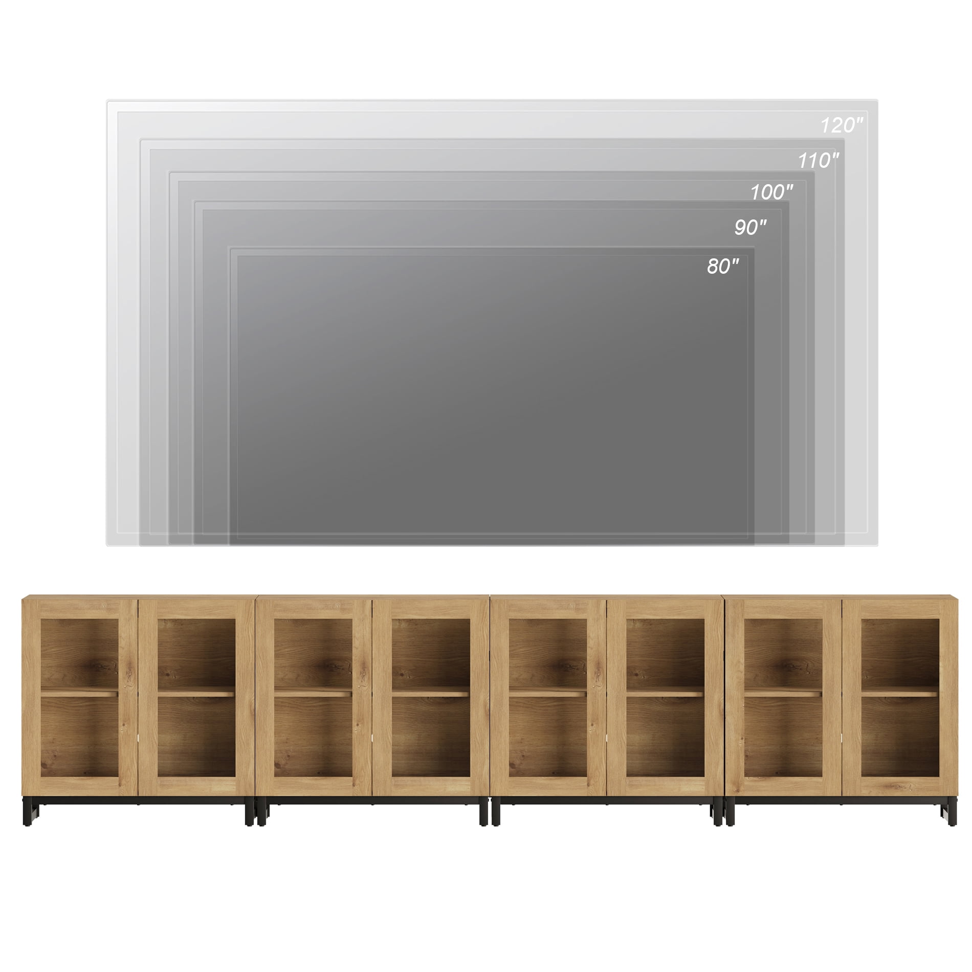 Modern 4-in-1 Modern TV Stand, Tempered Glass Doors Entertainment Center with Adjustable Shelves & Sturdy Metal Base, Media Console for up to 120 Inch TVs, Oak