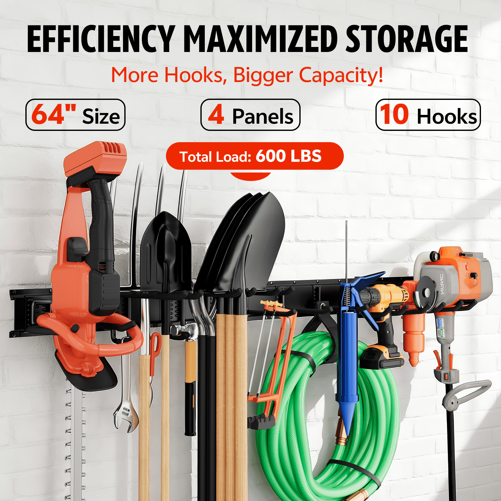 UNTIMATY 64" Garage Tool Organizer Wall Mount Garden Tool Storage Rack Hanger for Yard and Lawn with 10 Adjustable Hooks, 600 lbs Capacity