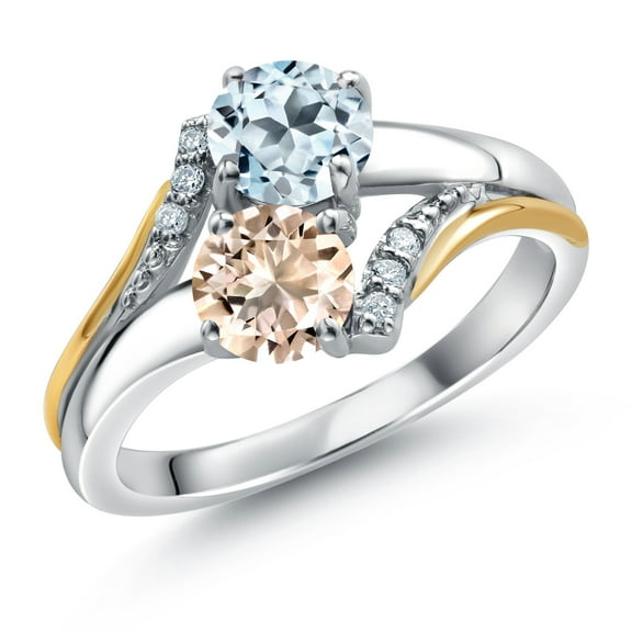 10K Yellow Gold and 925 Silver Peach Morganite and Sky Blue Topaz and White Lab Grown Diamond Accent Engagement Ring for Women (1.13 Cttw, Gemstone October Birthstone, Round 5MM, Size 7)