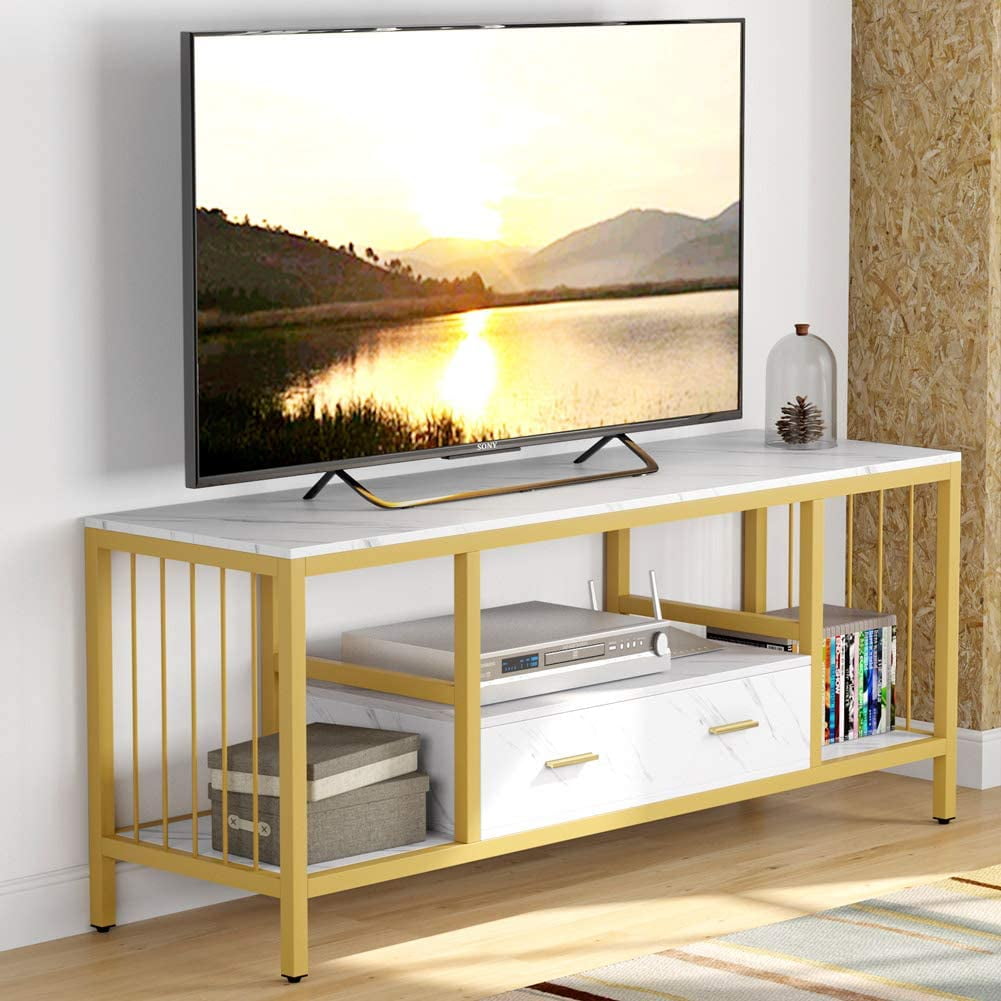 Tribesigns 55" TV Stand, Gold Faux Marble Veneer TV Stand with 2 Drawers, 3Tier Home Media
