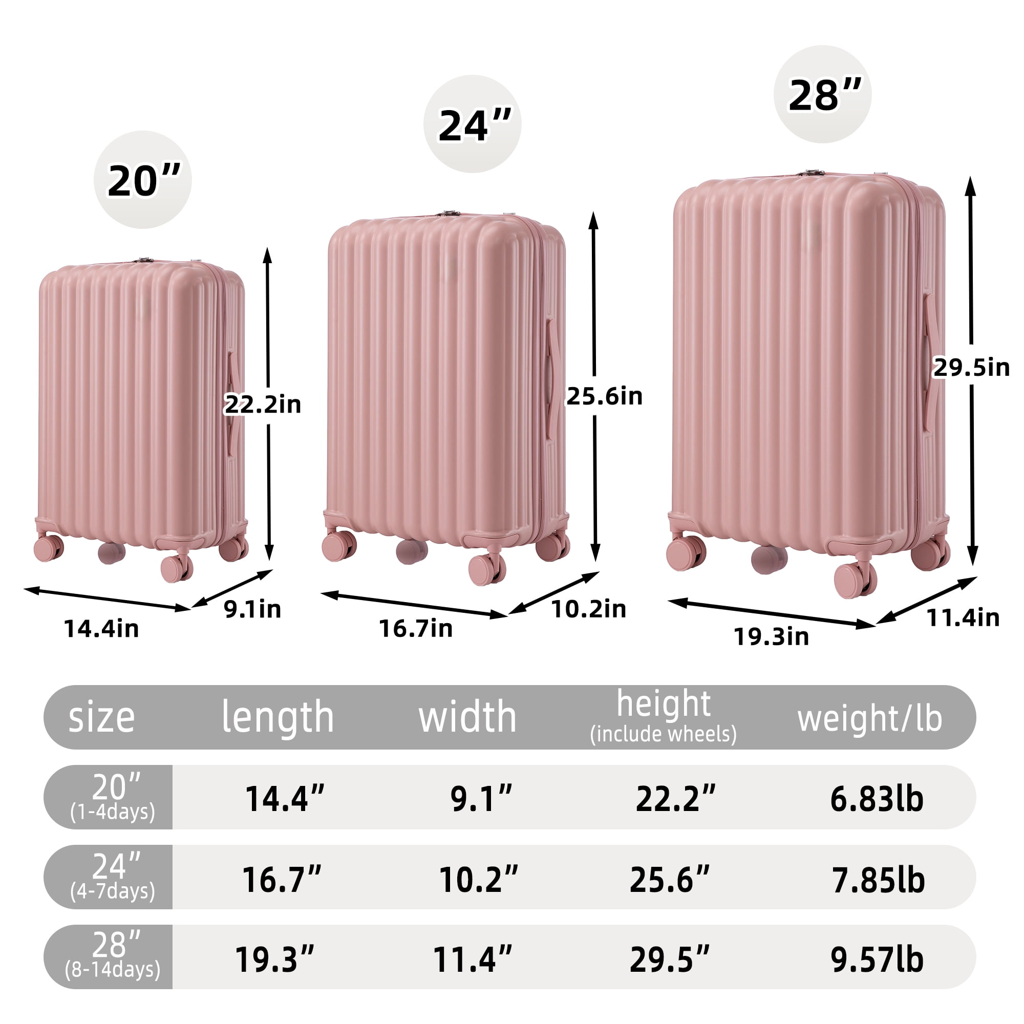 Alvantor 3 Piece Luggage Set, ABS Hardside Spinner Suitcase with USB & Cup Holder 20"24"28" (Pink)