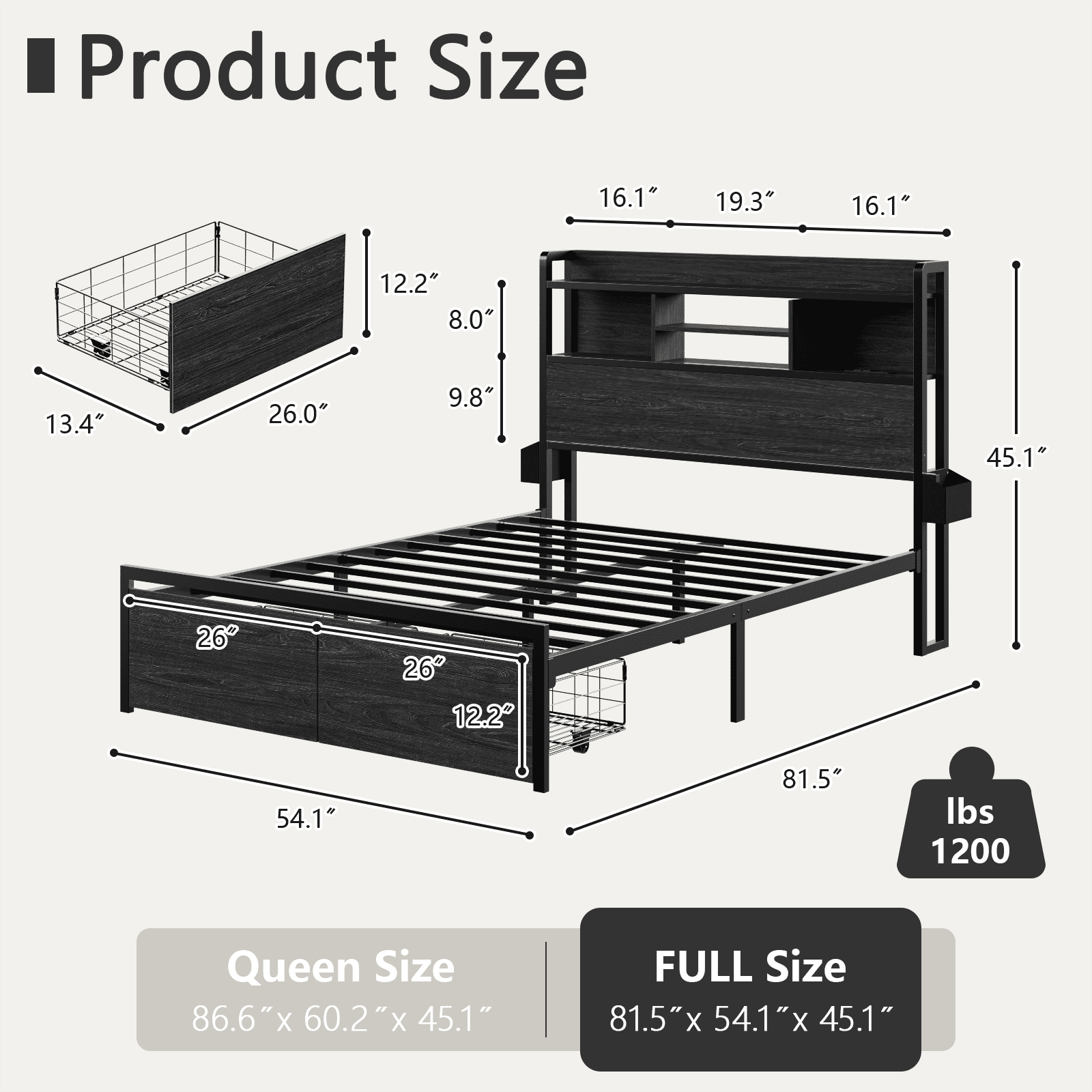 Satifur Full LED Platform Bed Frame with Storage Headboard, USB Ports, RGB Lights and 2 Easy-Slide Under Bed Storage Drawers