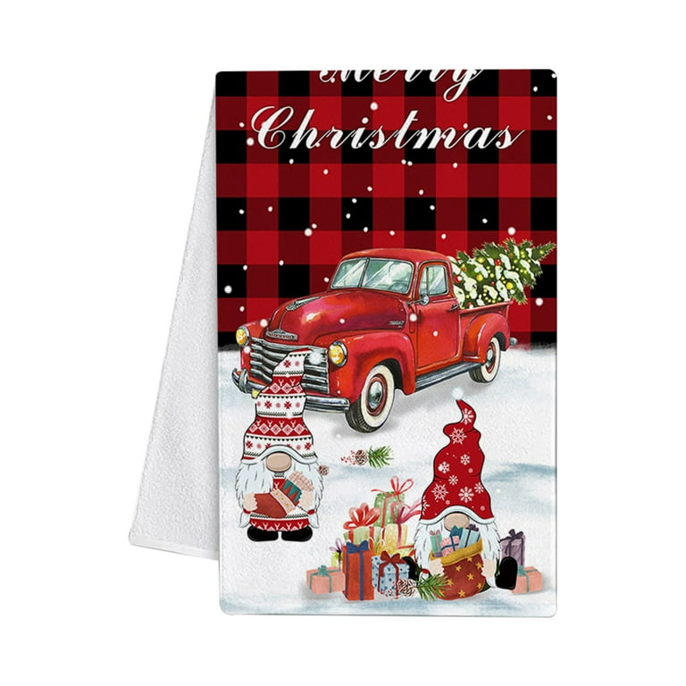 Tuelaly Christmas Kitchen Towels and Dishcloths,Merry Christmas Tree  Snowman Dish Towels,Gnome Red Buffalo Plaid Truck Holiday Tea Hand Towels  Housewarming Gifts for New Home Bathroom Decorations 