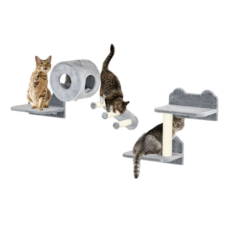 SAZYY 4 Pcs Cat Wall Furniture Set with Shelves & Perches - Climbing, Resting & Playing Wall-Mounted Cat Shelves, Gray
