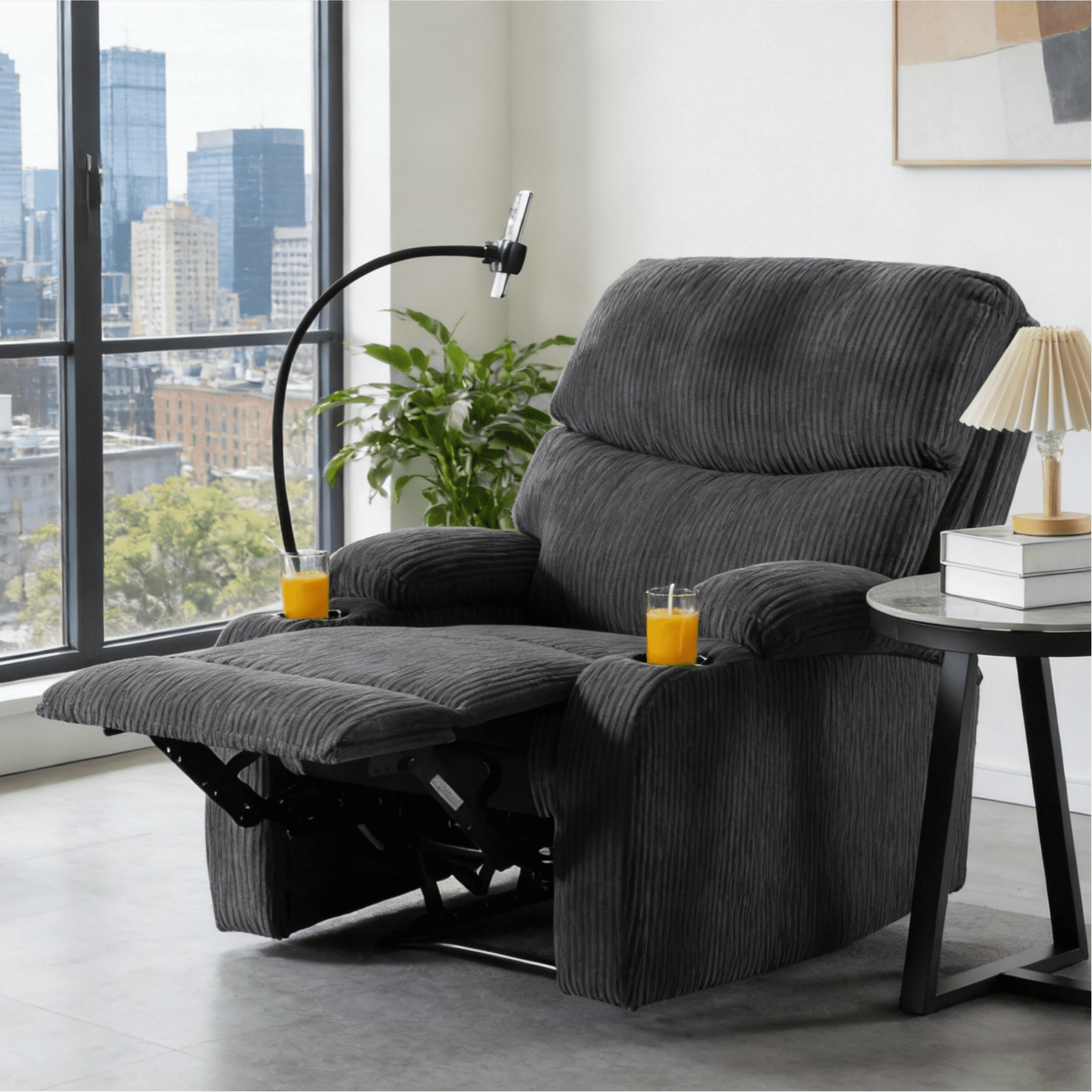 BSHTI Manual Recliner Chair with Phone Holder & Cup Holders, Corduroy Upholstery, Ergonomic Backrest, Solid Wood Frame for Living Room & Bedroom(Dark Gray)