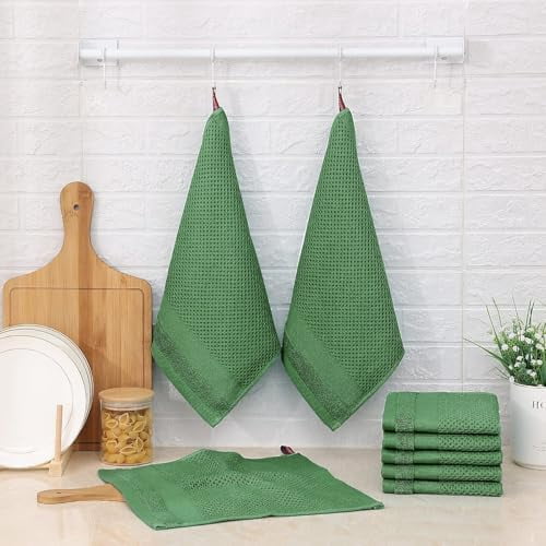 100% Cotton Dish Cloths, 6 Pack - 12 x 12 Inches, Waffle Weave Super Soft and Absorbent Dish Towels Quick Drying Dishcloths, Grass Green