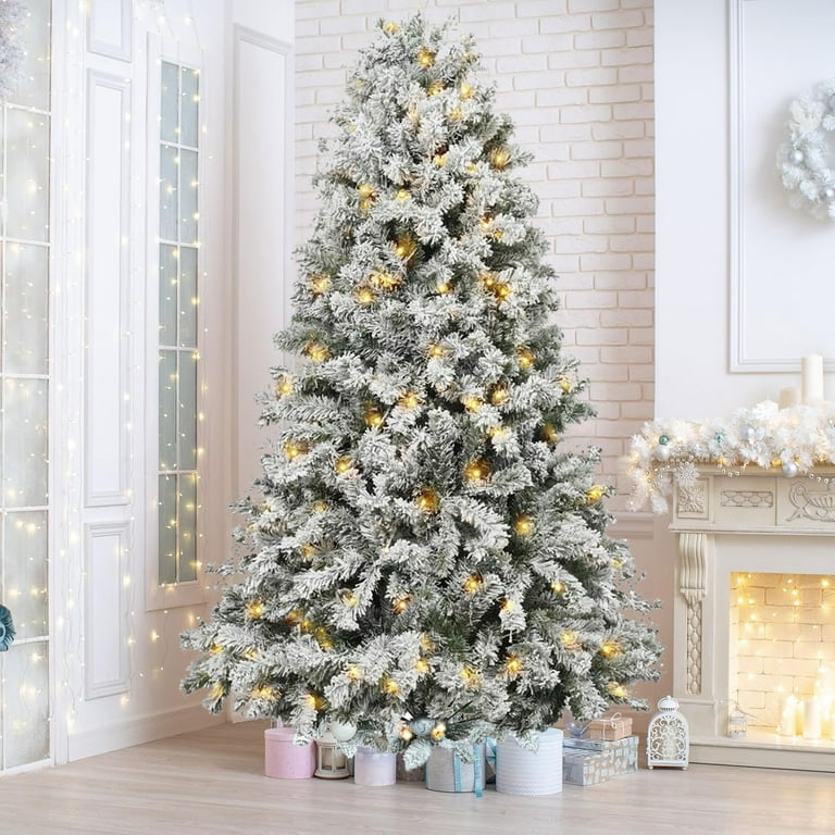 Behome 7ft Flocked Pre-Lit Artificial Christmas Tree with 8