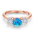 thumbnail image 3 of Gem Stone King 18K Rose Gold Plated Silver Simulated Blue Opal and White Moissanite Engagement Ring for Women | 1.30 Cttw | Round Cabochon 6MM | Gemstone October Birthstone | Size 7, 3 of 7