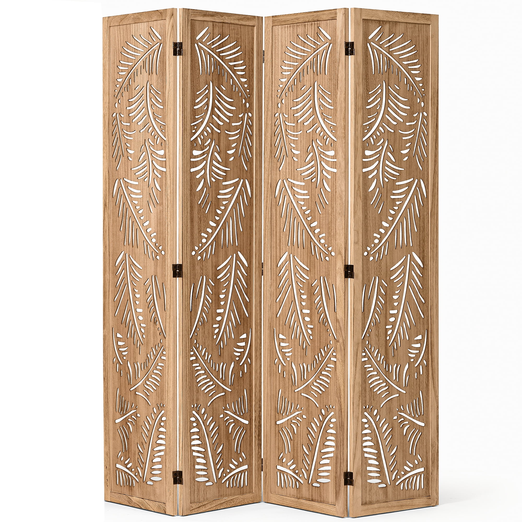 Jostyle 4 Panel Solid Wood Room Divider Privacy Screen - Freestanding Folding Partition with Feather Openwork Design, Paulownia Wood Frame Natural, No Assembly for Living Room, Bedroom, Office