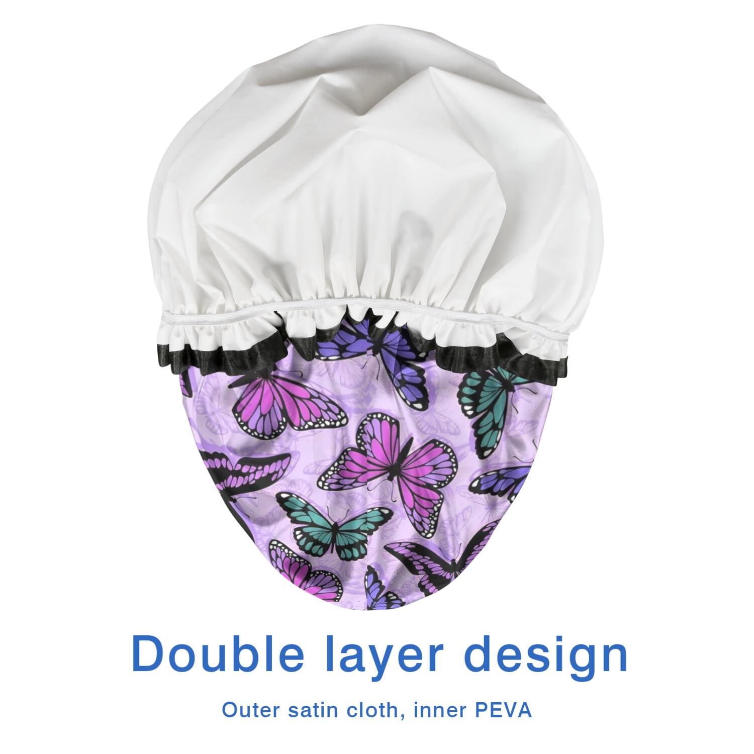 Shower Caps,Purple Butterfly Pattern Waterproof Shower Cap for Women 4 Pieces,Double Reusable Hair Cover for Shower PEVA Elastic Stretch Hem