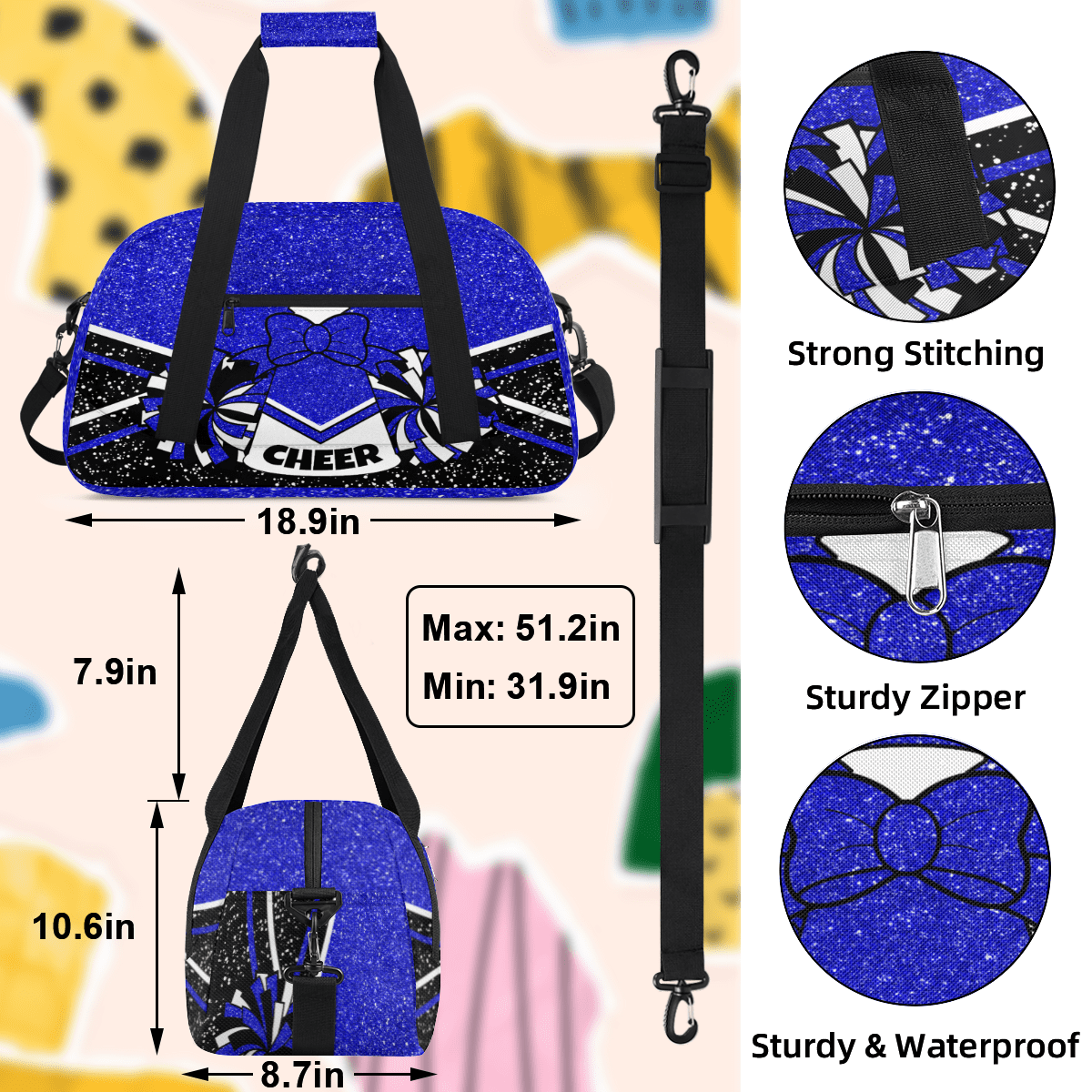 Herdesigns Cheerleading Bags Overnight Duffel Bags Cheer Blue Sport Gym Bag Travel Bag Travel Waterproof Weekender Bag Carry On Travel Tote Bag Dance Bags