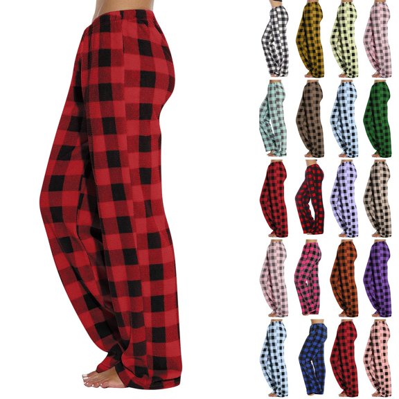 Cyglowse 2026 New Women's Cozy High Waisted Pajama Pants Plaid Fluffy Wide Leg Fleece Pants Bow Tie Lounge Sleep Pants Winter Pj Bottoms Vermilion S
