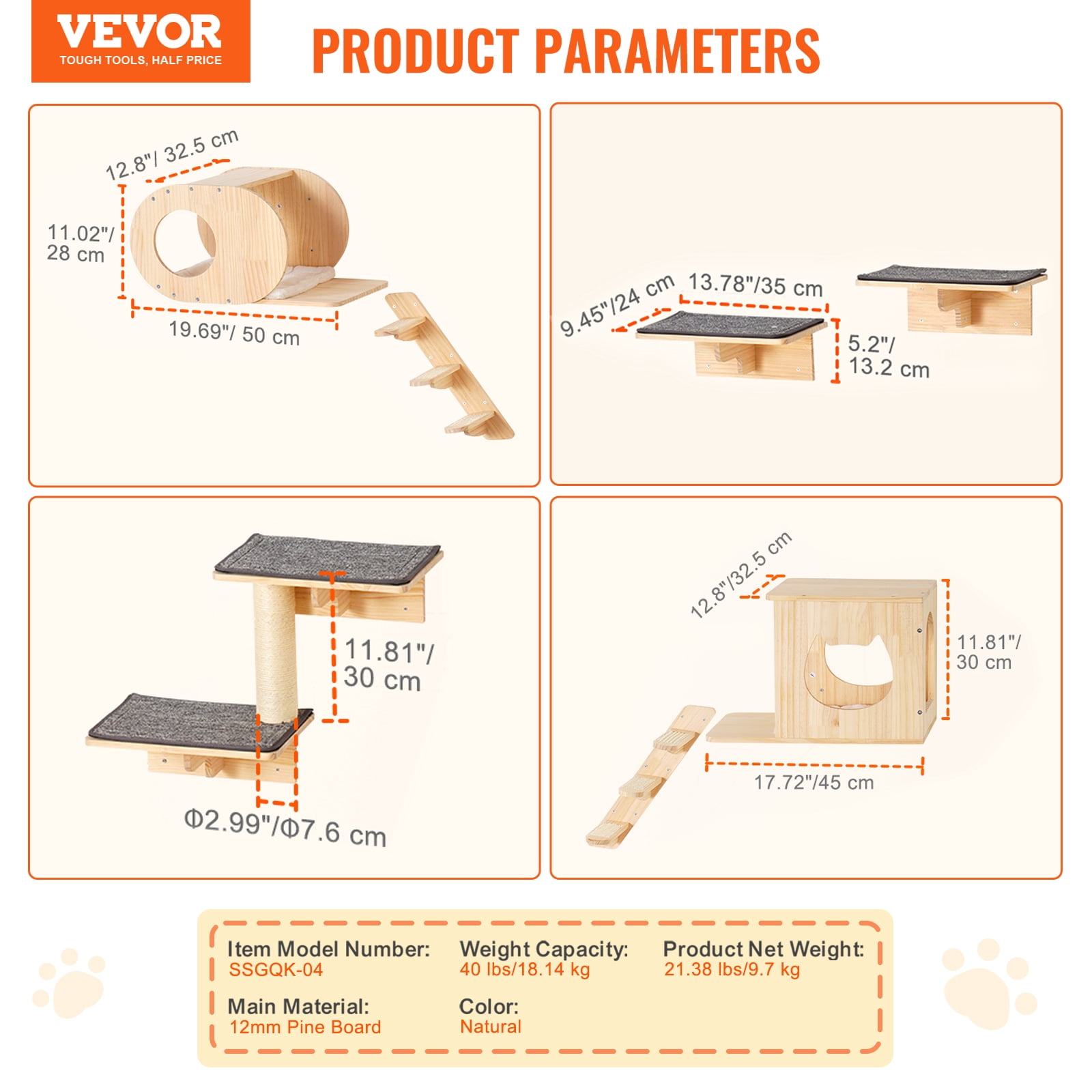 VEVOR Wall Mounted Cat Shelves, Cat Wall Shelves and Perches with Jumping Boards, Cat Beds, Hammocks & Cat Tree, Cat Furniture and Shelves up to 40 lbs for Sleeping, Playing, Climbing, Set of 7