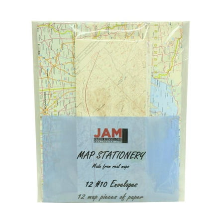 JAM Paper Map Stationery Set, Assorted Map Deisgns, 12 (#10) envelopes & 12 sheets of