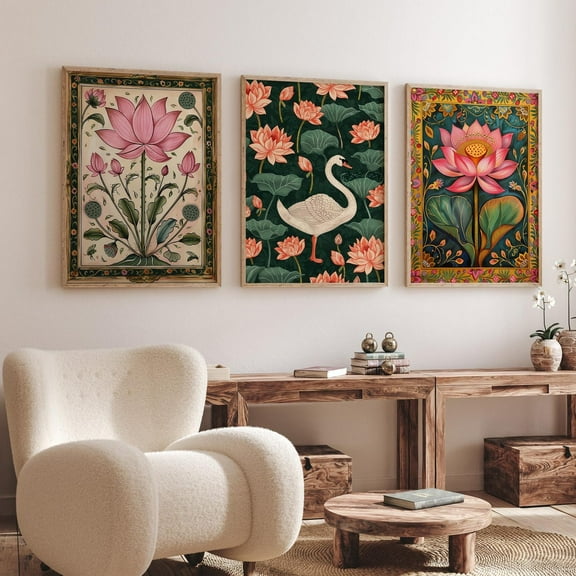 Luvia Lotus Flower And Swan - Indian Pichwai Art Set Of 3 Posters - Asian Nature- Inspired, Modern Wall Decor Set 3 Prints 8x12 UNFRAMED