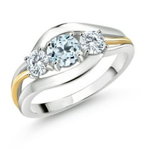 Gem Stone King 925 Sterling Silver and 10K Yellow Gold Round Sky Blue Topaz and White Moissanite Ring for Women (1.16 Cttw, Available in Size 5, 6, 7, 8, 9)