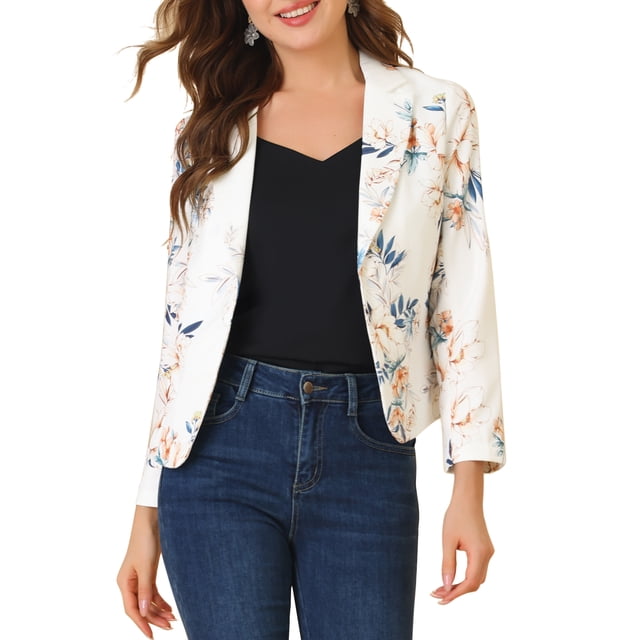 Blazer Chic para Mujeres Abierto Frontal para Trabajar Traje Corto de Verano Chaqueta Blanca con Flores 2XL