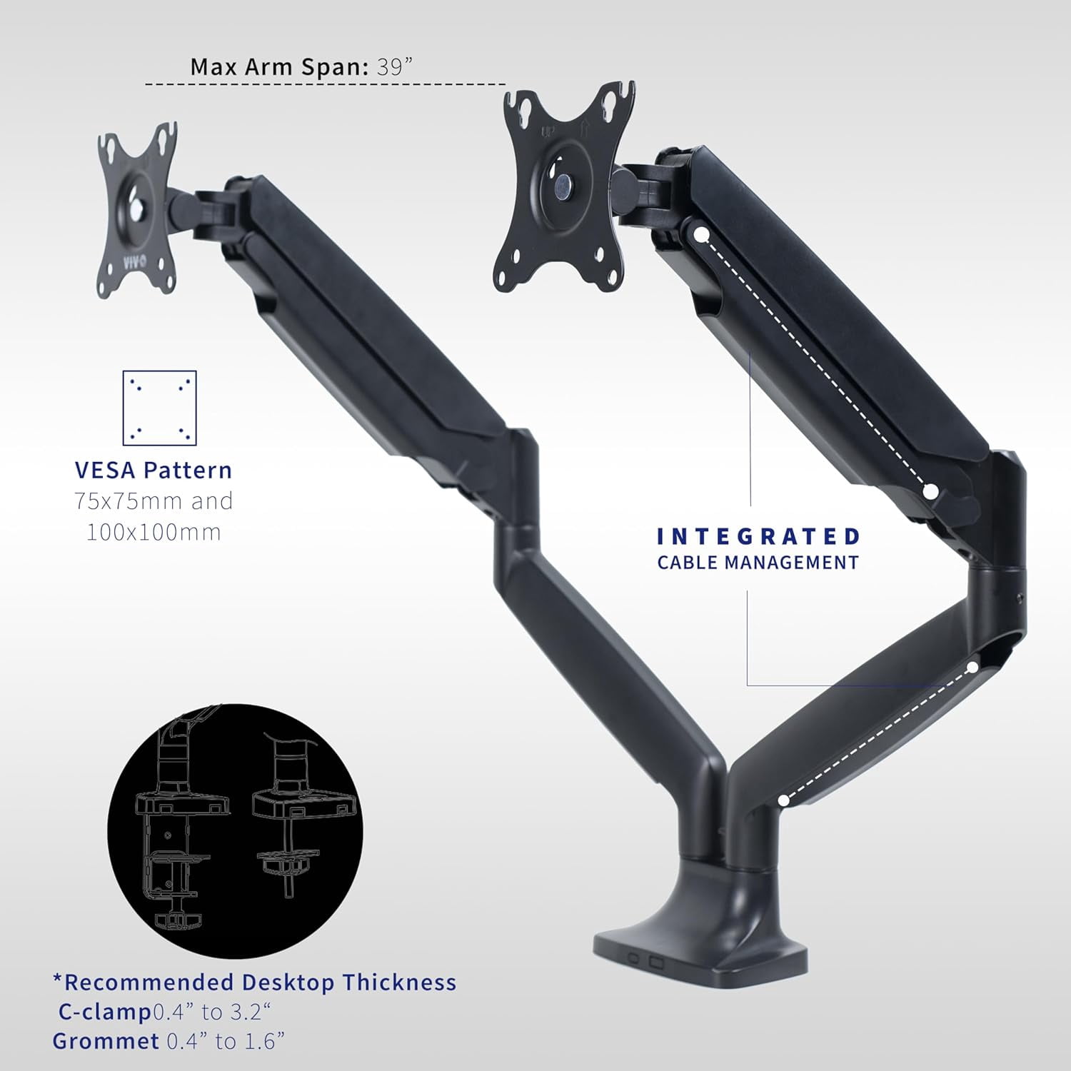 Premium Aluminum Heavy Duty Dual Monitor Arm for Ultrawide Monitors  to 40 inches and 24 lbs Each, Desk Mount Stand, Pneumatic Height,  VESA 100x100, Black, STAND-V202Q