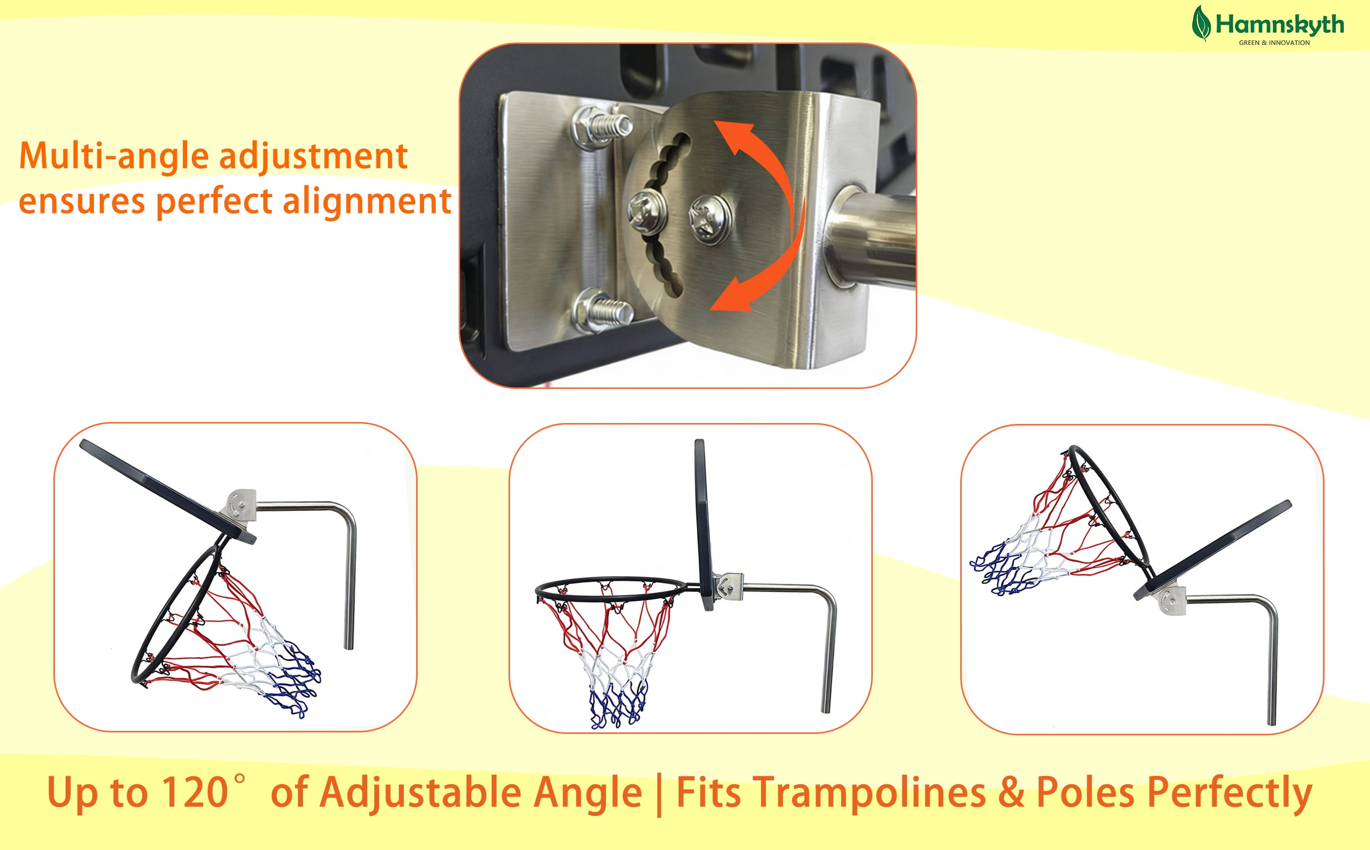 Hamnskyth Trampoline Basketball Hoop, Fits Most Straight & Curved Poles, Stainless Steel Angle-Adjustable Base, Includes Mini Basketball & Pump