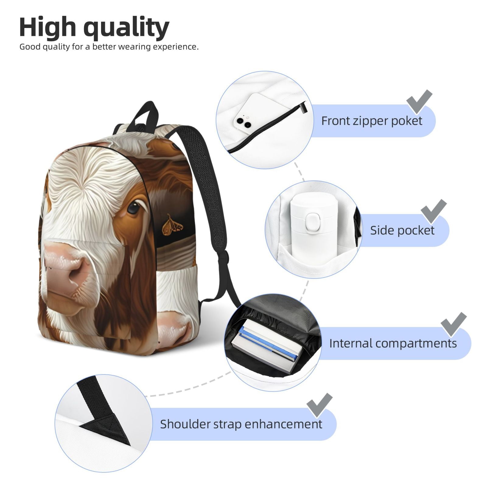 Picia Rustic Cow Butterflies Champagne Printed Canvas Daypack - Stylish and Durable Vintage Compact Backpack - Class, Work, Travel, or Laptop Bookbag,Organized Compartments-Small
