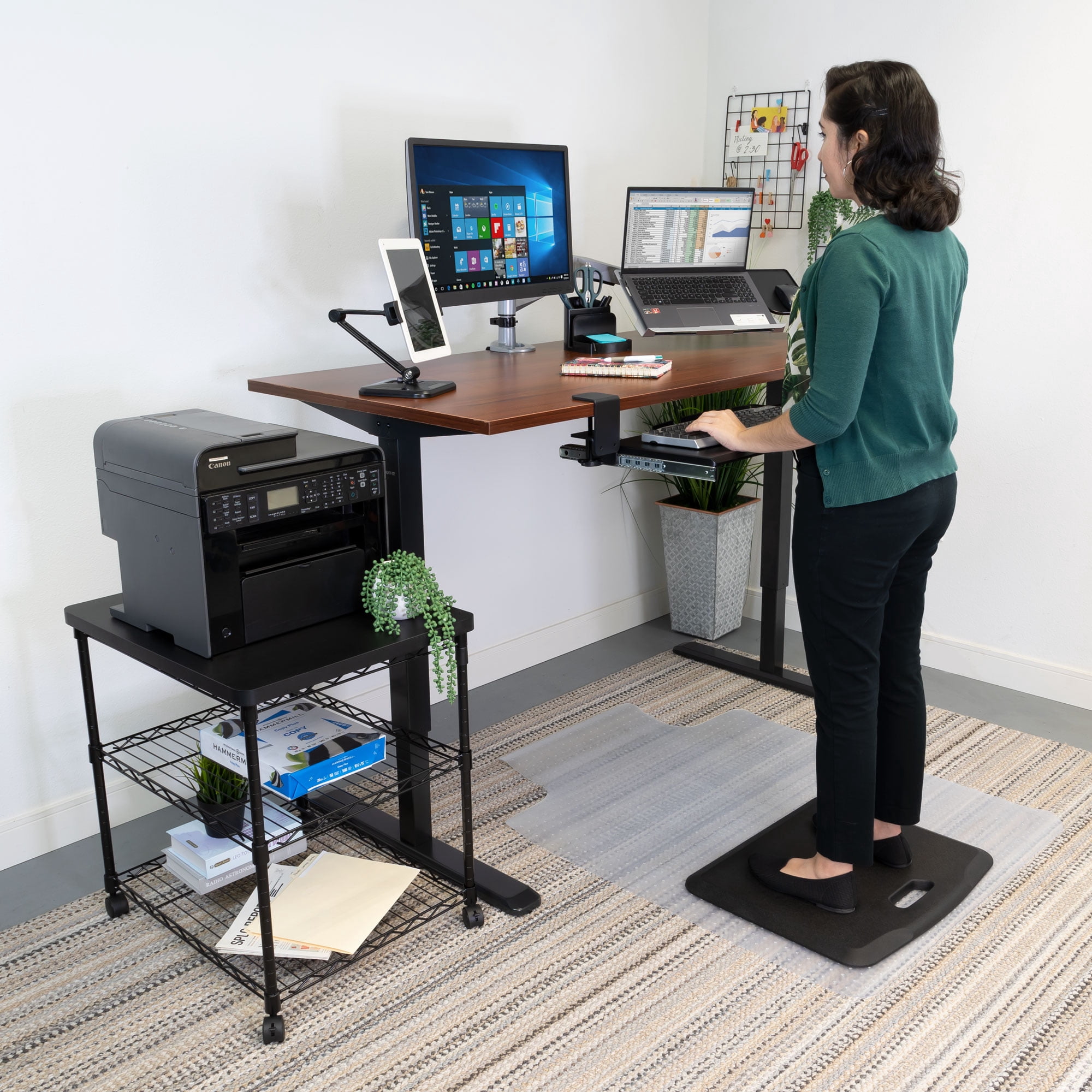 Mount-It! Hand Crank Sit-Stand Black Desk Frame with Extra-Wide Brown Tabletop