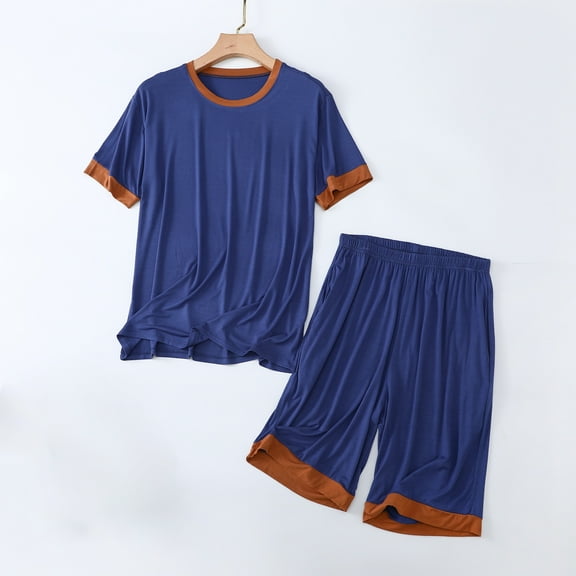 Mqqzkk 2 Piece Loungewear Set For Mens Color Block Pajamas Set Short Sleeve Set Outfits Sweatsuit Summer Soft Sleepwear