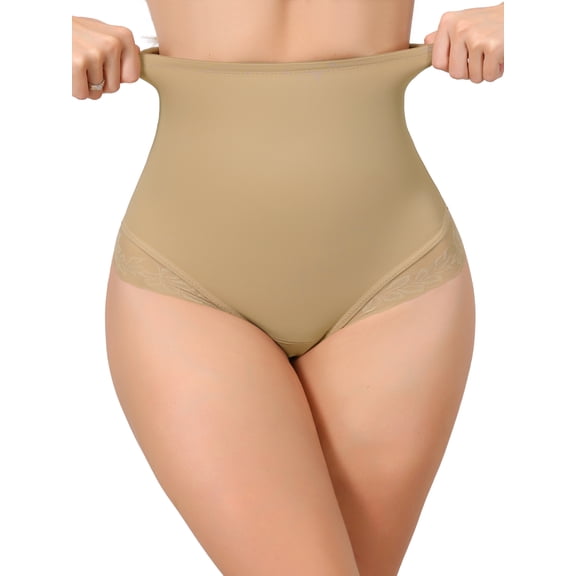 INSPIRE CHIC Women's High Waisted Shapewear Thong Tummy Control Slimming Ice Silk Elegant Lace Underwear Small Beige