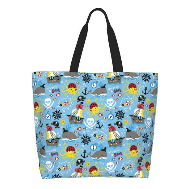Disketp Pirate Marine Animals Bolsa Tote Estampada para Mujer, Bolso de Hombro y de Mano para Compras y Viajes