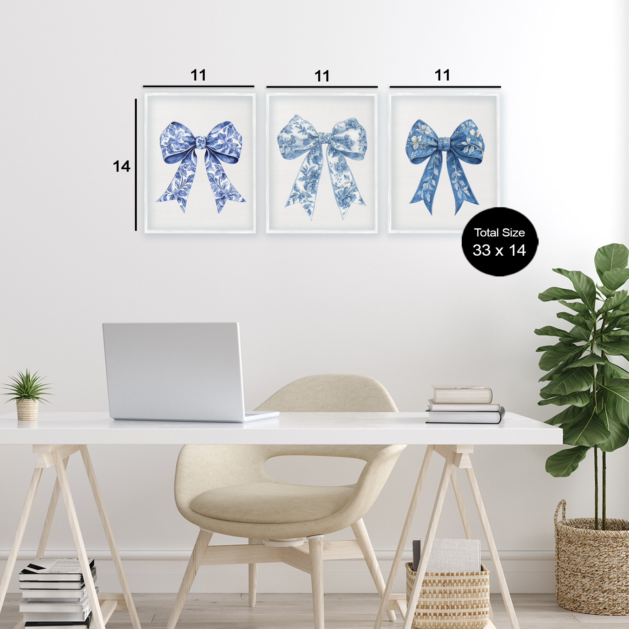 Vintage Toile Pattern Bows 3 Piece White Framed Giclee Art Set, design by Lettered and Lined