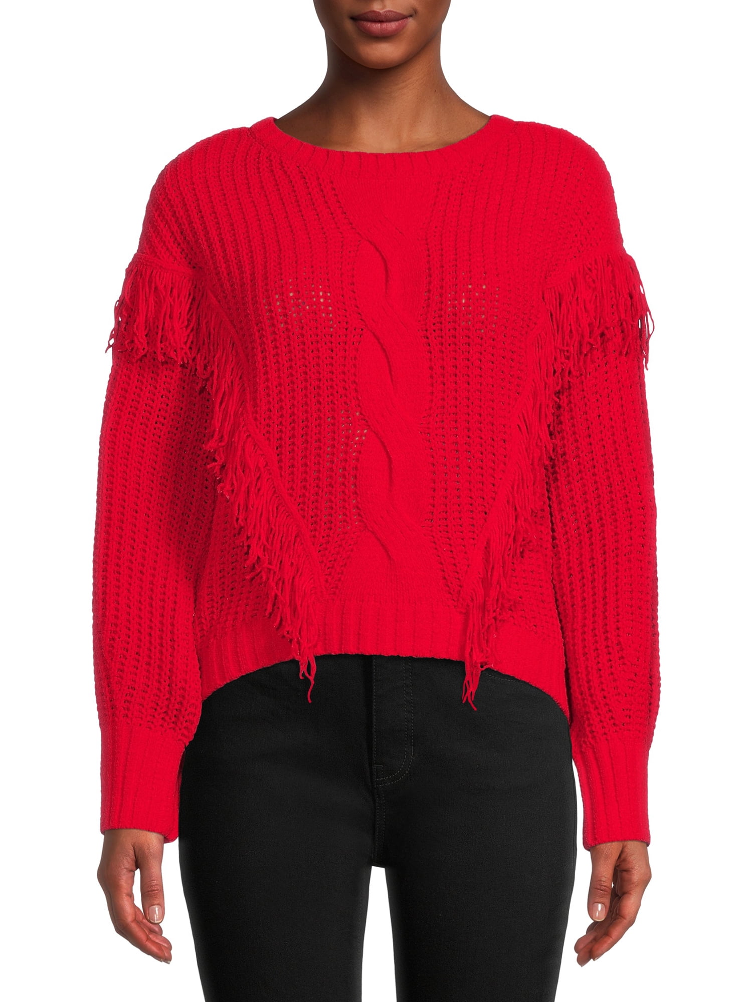 No Boundaries Juniors' Chenille Fringe Sweater, Women's, Size: Small, Red