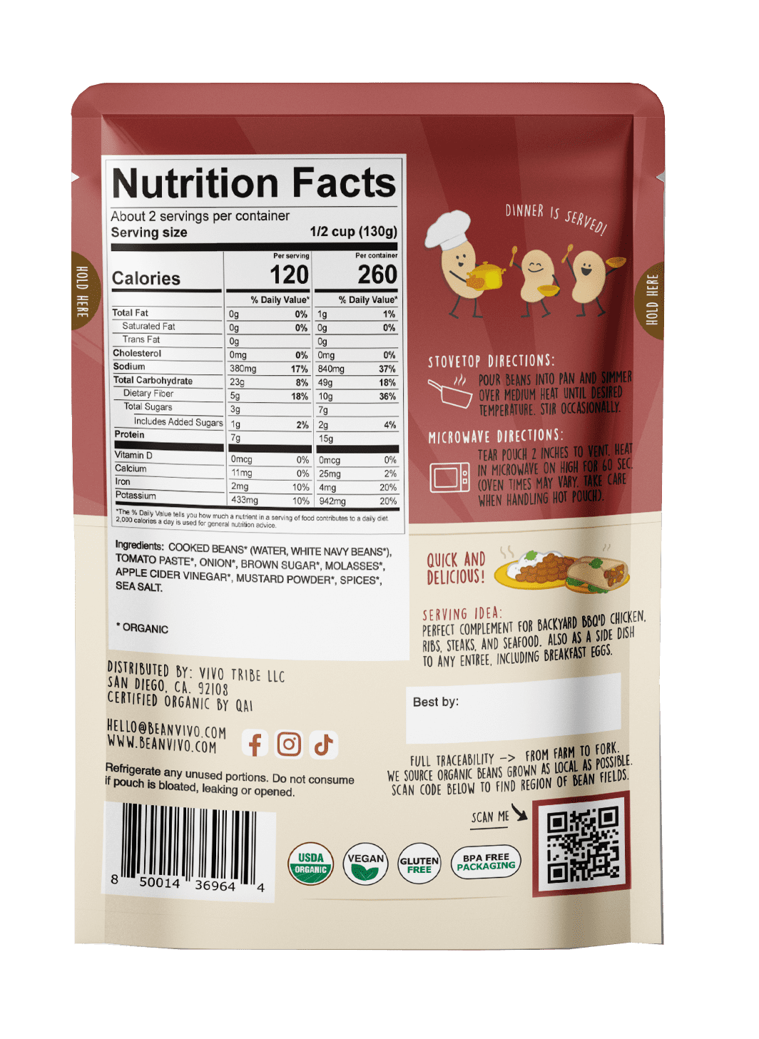 (3 pack) BeanVIVO Organic Brown Sugar Baked Beans, 10 oz. Pouch