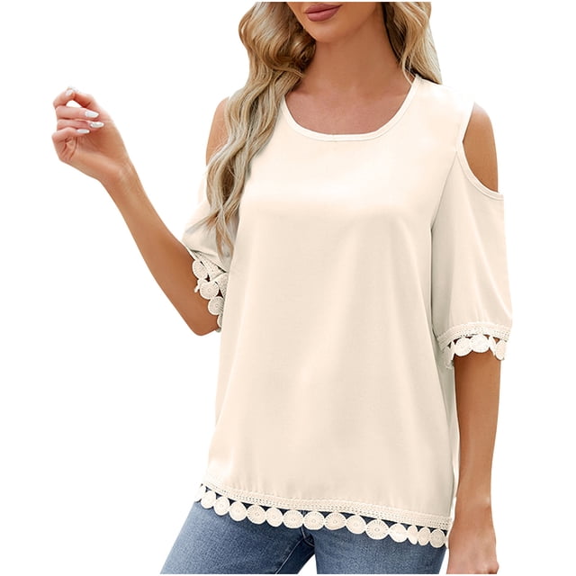 Jgppe Womens Cold Shoulder Tops Comfy Solid Color Crewneck Loose Tunic Shirt Summer Blouses for Ladies