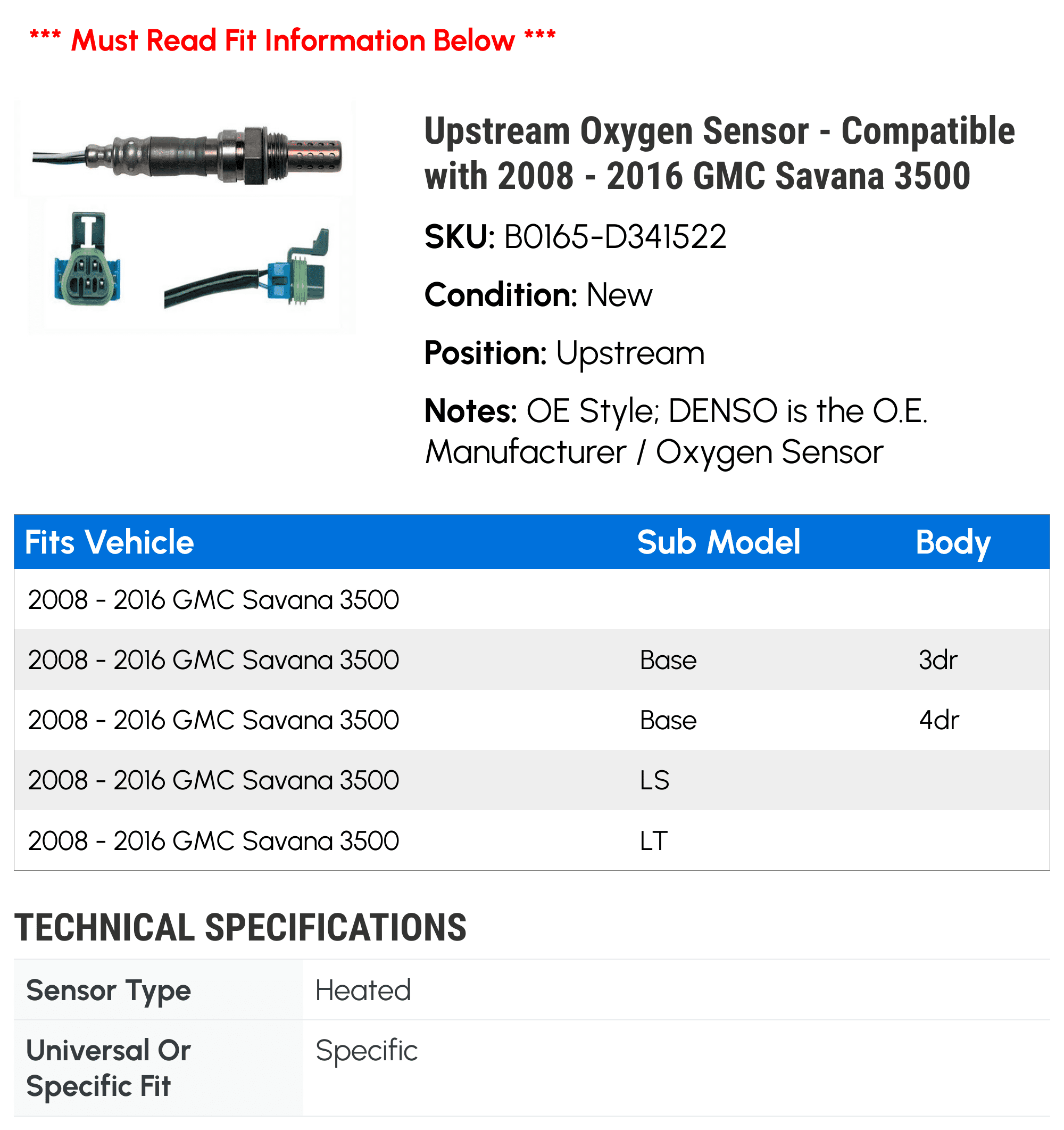 Upstream Oxygen Sensor - Compatible with 2008 - 2016 GMC Savana 3500 2009 2010 2011 2012 2013 2014 2015