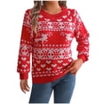 thumbnail image 2 of Suéter de cuello redondo para mujer, estampado navideño, cuello redondo, manga larga, suéter de punto, blusa para mujer, blusa de poliéster, 2 of 7
