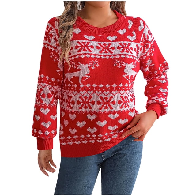 Pisexur Pulls de Noël Moches pour Femmes Mode Automne Imprimé Noël Tricot Décontracté Col Rond Manches Longues