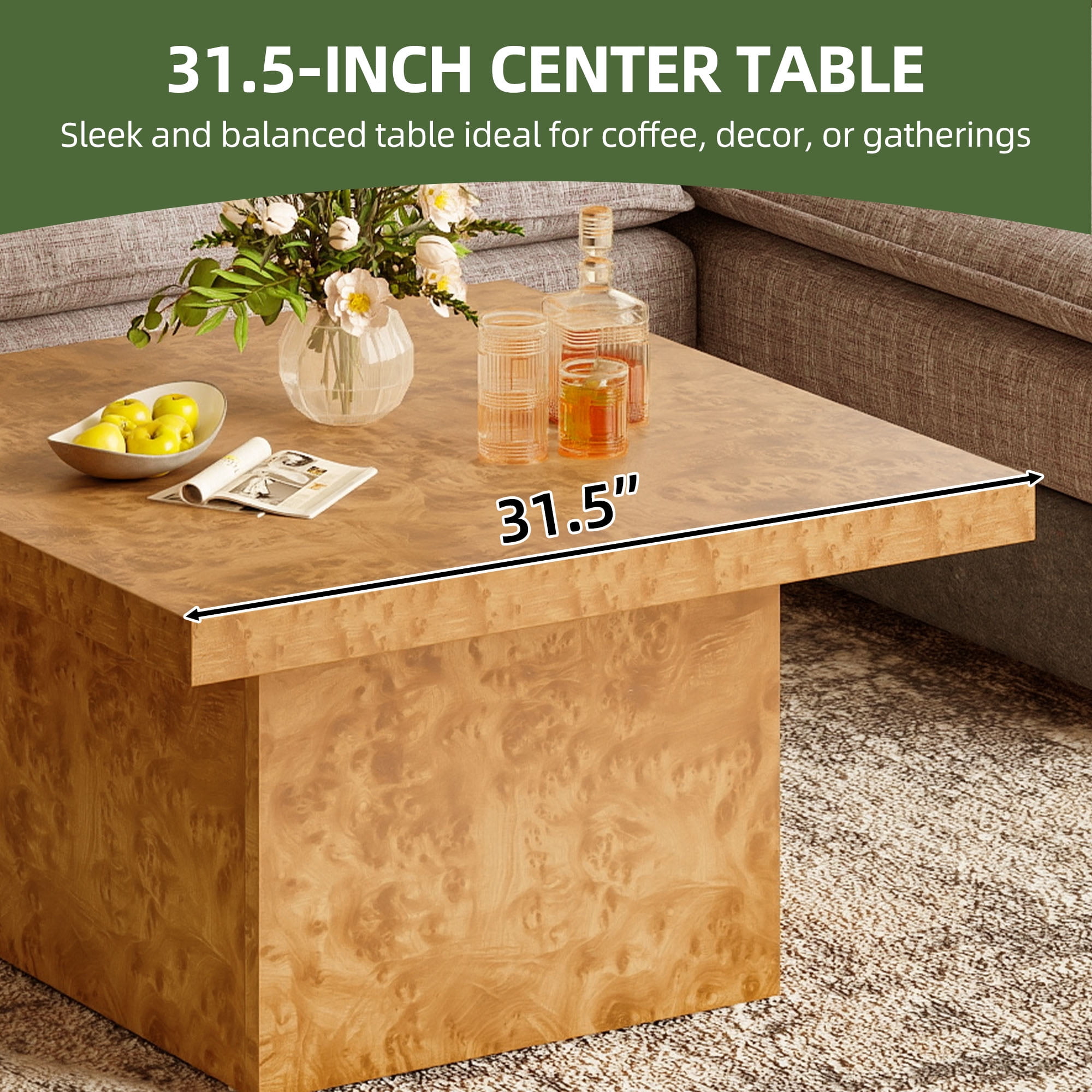 Uforic Rustic Square Coffee Table with LED Lights for Living Room, Burl Color