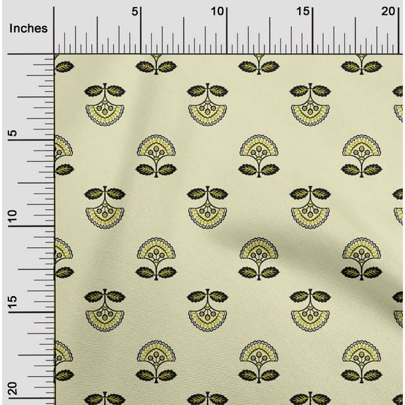 oneOone Georgette Viscose Light Yellow Fabric Leaves & Floral Block Craft Projects Decor Fabric Printed By The Yard 42 Inch Wide