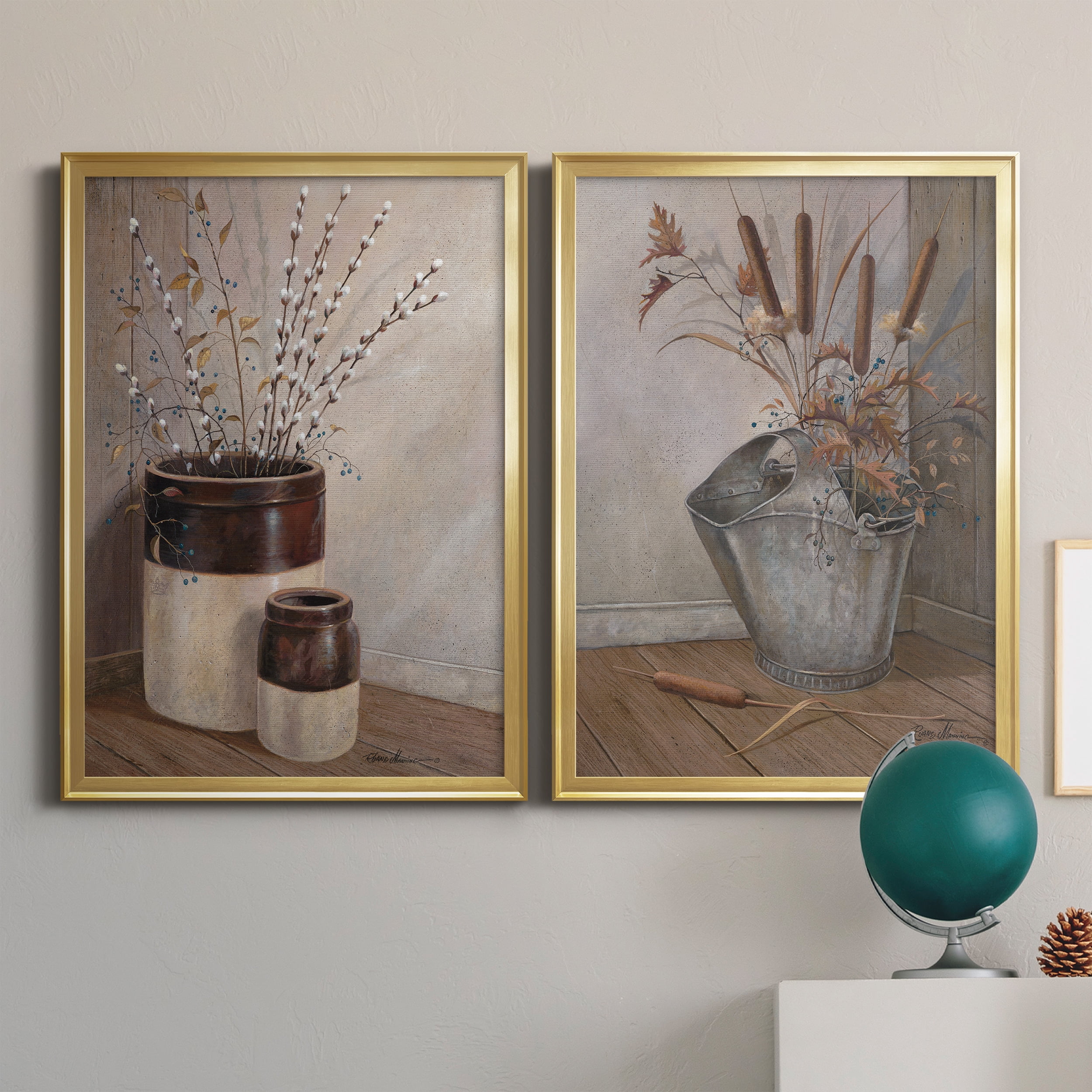 2 Piece Set Pussywillows & Spring Premium Framed Canvas - Ready to Hang - 26.5 x 36.5 Each - Gold Frame