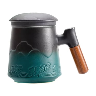ZENS Tea Cup with Infuser and Lid, 13.5oz Rosewood Handle Embossed Ceramic Tea Mug for Loose Leaf Tea Gifts, Gradient Green.