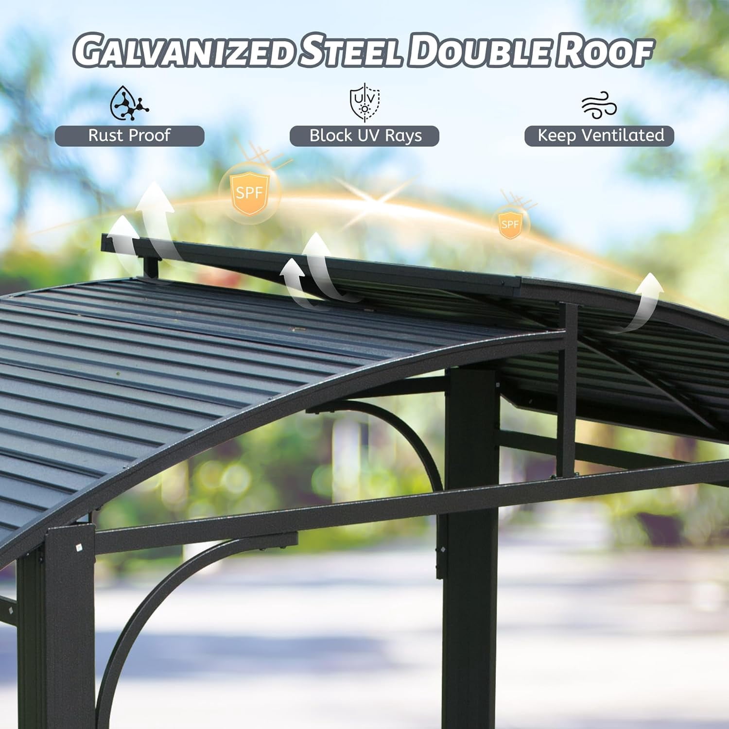 Domi Outdoor Living Hardtop Grill Gazebo 8x5FT, Grill Canopy for Outdoor Grill w/Double Galvanized Steel Roof and 2 Side Shelves, BBQ Gazebo Grill Tent for Patio Garden Backyard, Grey