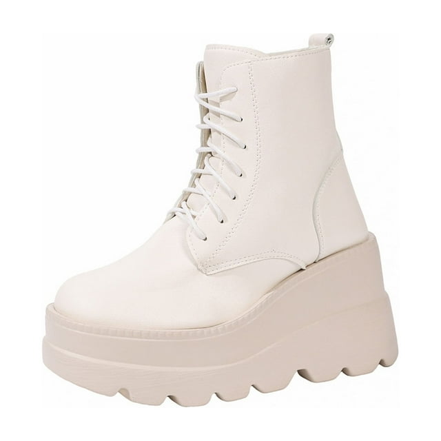 White Women'S Winter Footwear With Versatile Short Solid Color Round Toe Front Lace-Up Thick Bottom Wedge Heel For Outdoor