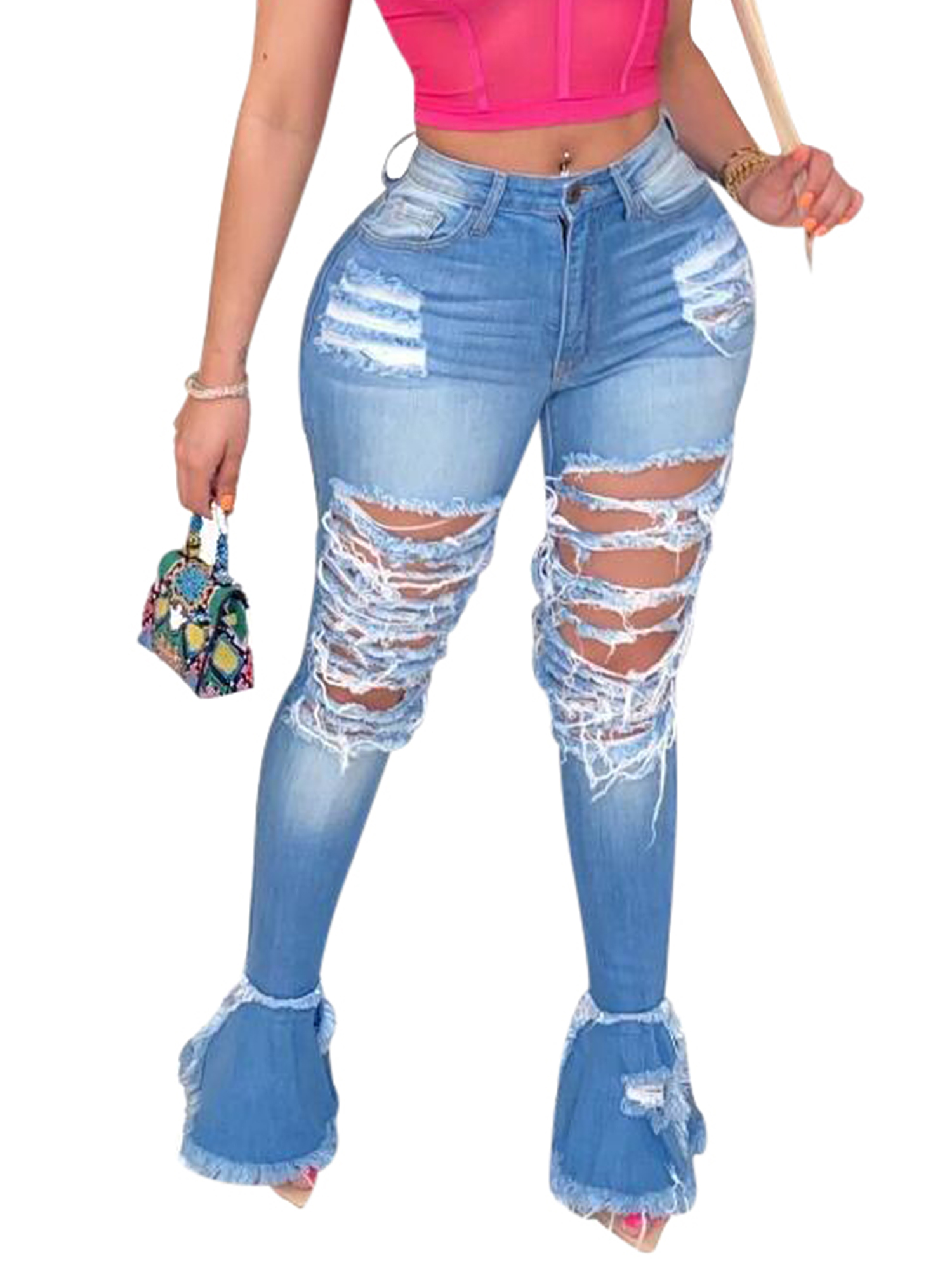 Women Casual Denim Jeans Pants Ladies Mid Waist Ripped Bell Bottom Jegging Trouser Pants Jeans with Hole - image 1 of 3