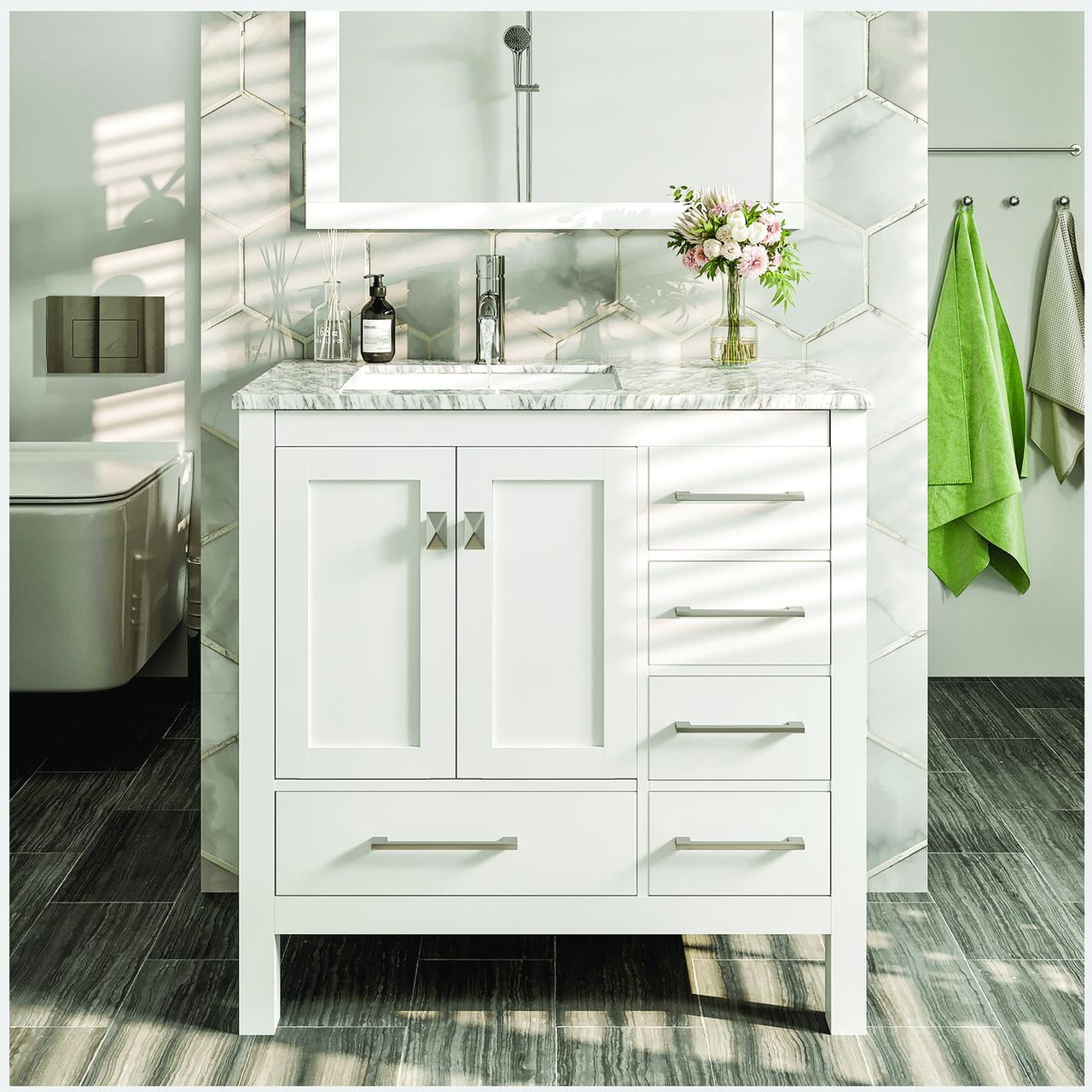 Eviva London 38 in. Transitional White Bathroom Vanity with White Carrara Marble Countertop ...