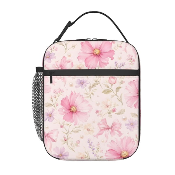 Pink Floral Bow Lunch Bag Reusable Thermal Lunch Box with Handle for Women and Men