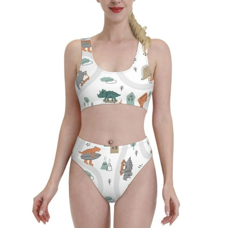 Bixox Dino on a Skateboard Surf Pattern Two-Piece Sports Bikini with U-Shaped Top and High-Waist Bottom - Women s Swimwear with Removable Bra Pads