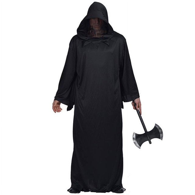 Disfraz de Halloween, bata negra súper larga fría, accesorios de guerrero, vestido elegante