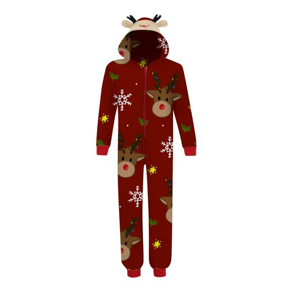 Matching Family Christmas Siamese Pajamas Sets Deer Head Embroidery Hooded Romper Pjs Zipper Jumpsuit Loungewear (Mom) 亲子装2