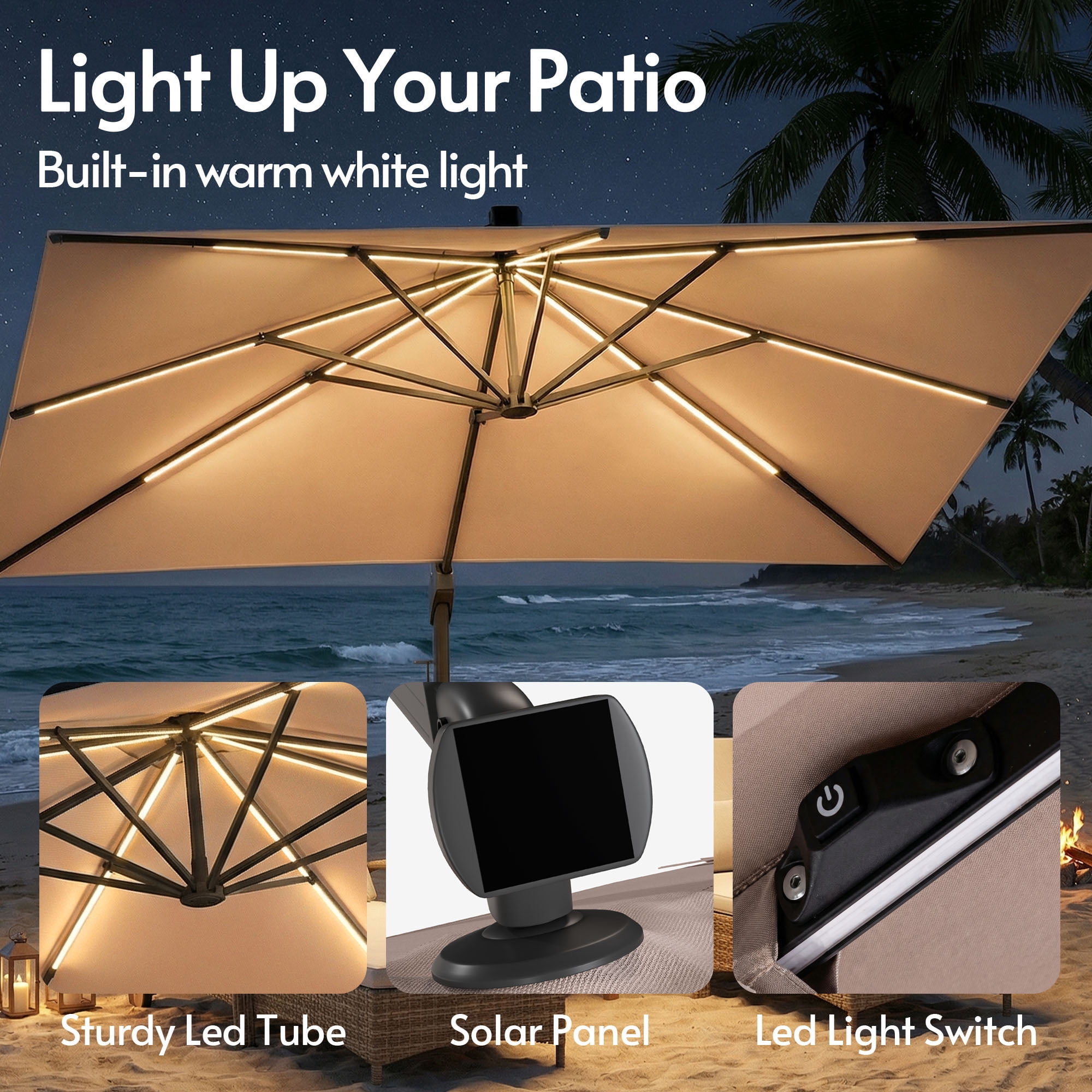 LAZZO 11ft Outdoor Patio Umbrella with Base and Light, All-Aluminum Offset Cantilever Umbrella for Pool & Backyard, Champagne