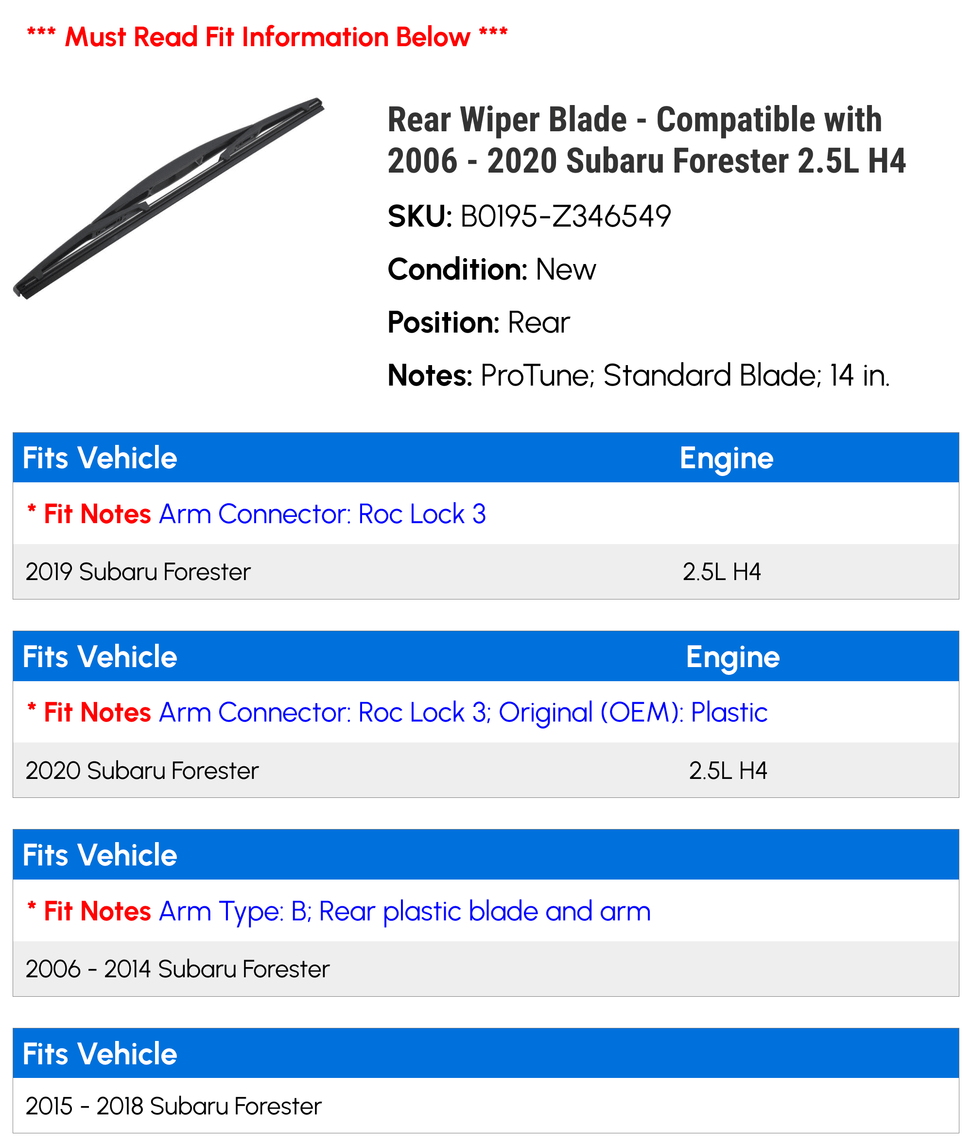 Rear Wiper Blade - Compatible with 2006 - 2020 Subaru Forester 2.5L H4 2007 2008 2009 2010 2011 2012 2013 2014 2015 2016 2017 2018 2019